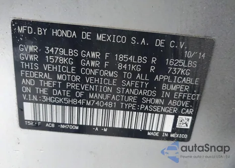 2015 Honda Fit Ex/Ex-L from USA, damaged, VIN 3HGGK5H84FM740481